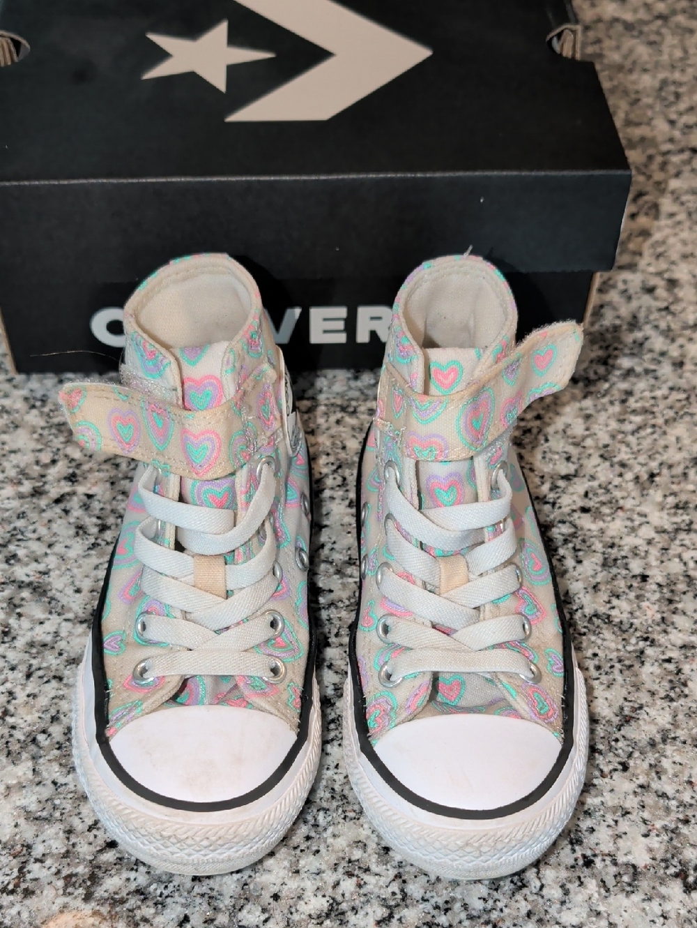 Converse White Canvas High-Tops with Mint, Pink & Lavender Hearts